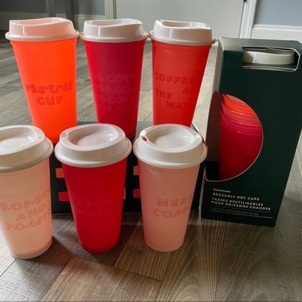 SIX Starbucks Reusable Hot 16 Fl OZ Cups Set Pink Red Plastic New in Box
